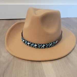 Women’s Camel Felt Fedora Hat with Beaded Band
